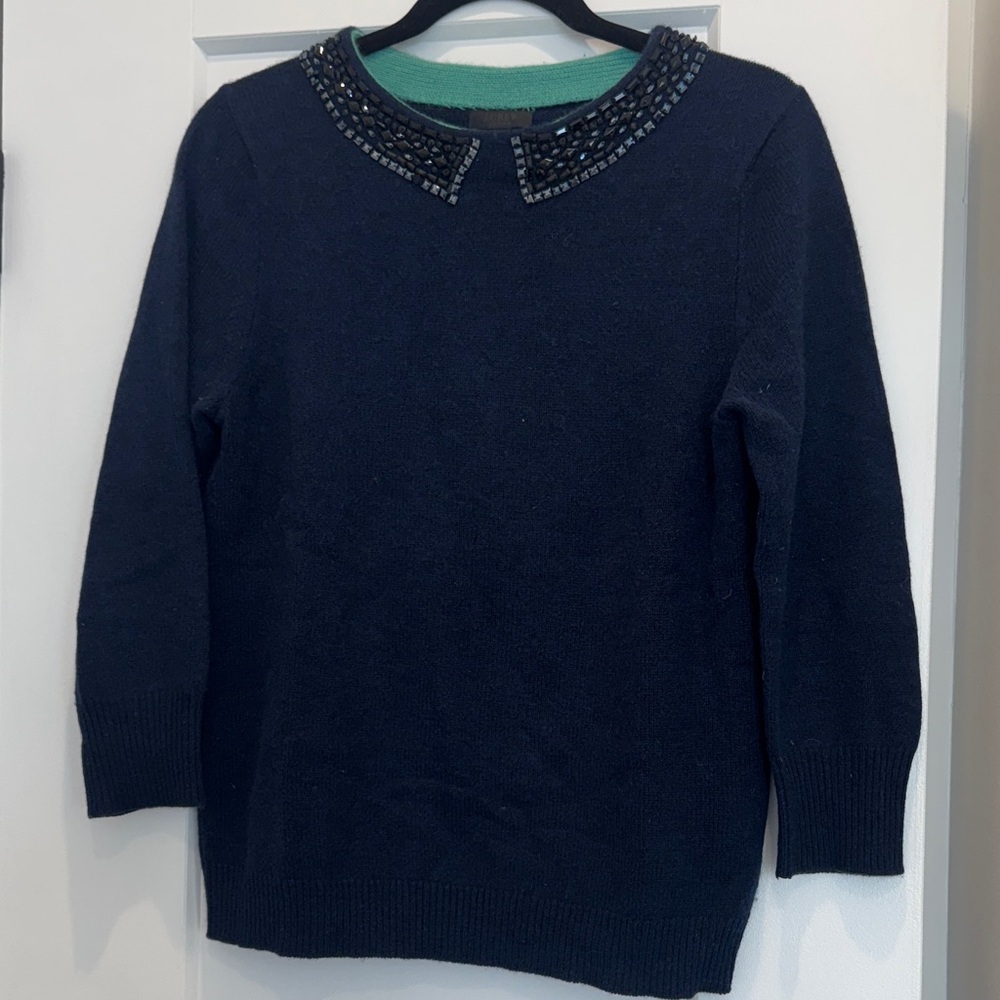 J. Crew Italian Cashmere Navy Sweater with Beaded Collar